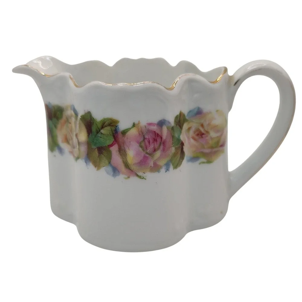 Antique‎ Z S Co Bavaria Creamer Porcelain Pitcher Pink Cabbage Rose Pattern Gilt